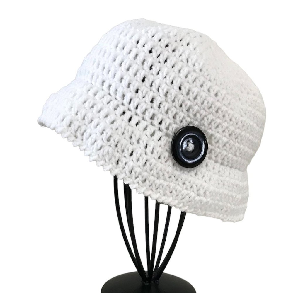 Brand New Handmade Crochet White Bucket Hat with a Nice Accent Black Button